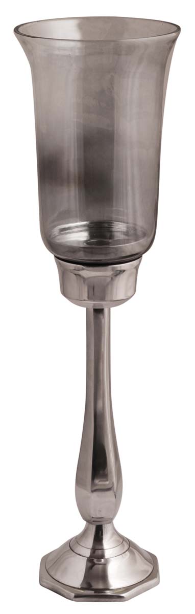 23” Aluminum Pillar Candleholder with Glass – Steel Finish – Handmade Antique-Look Décor / Gifts